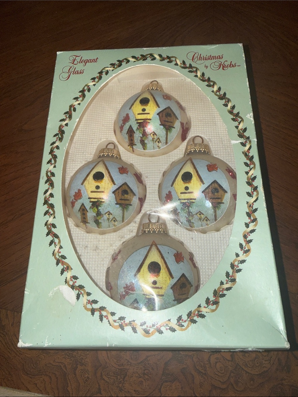 Vintage Krebs Hand-Painted Birdhouse Glass Ornaments - Blue and Gold (Set of 4)